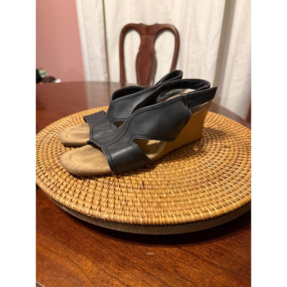 Clarks Shoes - Clarks Collection Black Leather Wedge Sandals Ultimate Comfort Womens 7.5